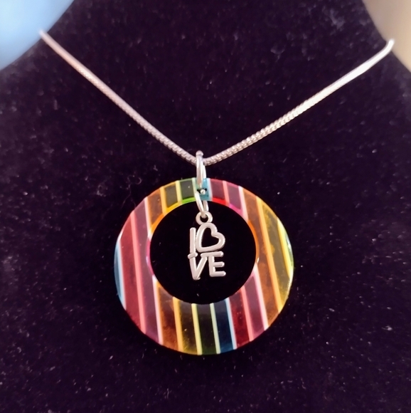 Vintage Handmade Rainbow Color Block Love Pride Silver Necklace Resin Pendant - Picture 8 of 10